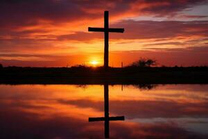 conceito ou conceptual madeira Cruz ou religião símbolo forma sobre uma pôr do sol céu fundo bandeira ai gerado foto