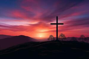 conceito ou conceptual madeira Cruz ou religião símbolo forma sobre uma pôr do sol céu fundo bandeira ai gerado foto