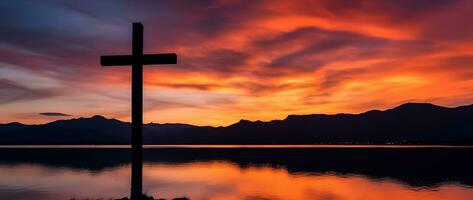 conceito ou conceptual madeira Cruz ou religião símbolo forma sobre uma pôr do sol céu fundo bandeira ai gerado foto