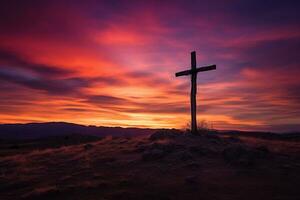 conceito ou conceptual madeira Cruz ou religião símbolo forma sobre uma pôr do sol céu fundo bandeira ai gerado foto