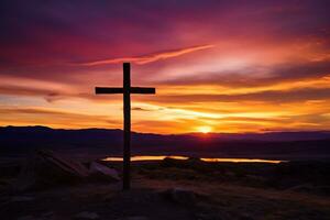 conceito ou conceptual madeira Cruz ou religião símbolo forma sobre uma pôr do sol céu fundo bandeira ai gerado foto