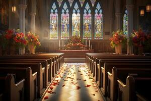 interior do uma Igreja com uma muitos do flores dentro a primeiro plano.funeral conceito ai gerado foto