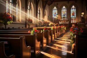 interior do uma Igreja com uma muitos do flores dentro a primeiro plano.funeral conceito ai gerado foto