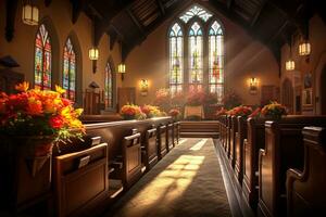 interior do uma Igreja com uma muitos do flores dentro a primeiro plano.funeral conceito ai gerado foto