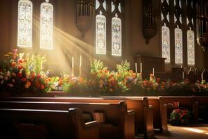 interior do uma Igreja com uma muitos do flores dentro a primeiro plano.funeral conceito ai gerado foto