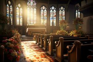 interior do uma Igreja com uma muitos do flores dentro a primeiro plano.funeral conceito ai gerado foto