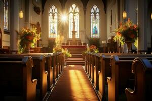 interior do uma Igreja com uma muitos do flores dentro a primeiro plano.funeral conceito ai gerado foto