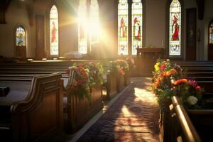 interior do uma Igreja com uma muitos do flores dentro a primeiro plano.funeral conceito ai gerado foto