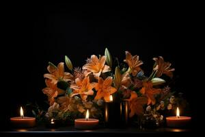 lindo flores e velas em Preto plano de fundo.funeral conceito ai gerado foto