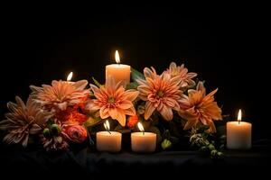 lindo flores e velas em Preto plano de fundo.funeral conceito ai gerado foto