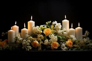 lindo flores e velas em Preto plano de fundo.funeral conceito ai gerado foto