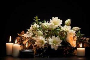 lindo flores e velas em Preto plano de fundo.funeral conceito ai gerado foto