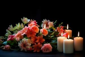 lindo flores e velas em Preto plano de fundo.funeral conceito ai gerado foto