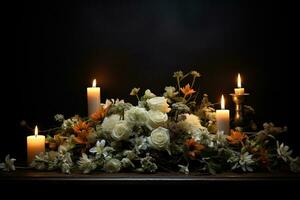 lindo flores e velas em Preto plano de fundo.funeral conceito ai gerado foto