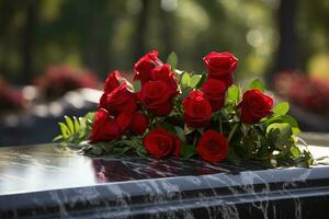 vermelho rosas em Preto granito lápide dentro a parque, velório conceito ai gerado foto