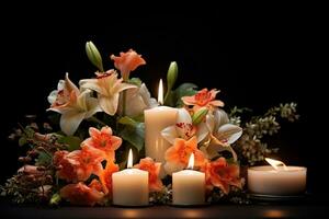 lindo flores e velas em Preto plano de fundo.funeral conceito ai gerado foto