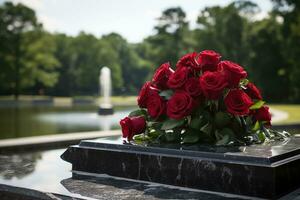 vermelho rosas em Preto granito lápide dentro a parque, velório conceito ai gerado foto