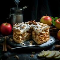 maçã torta com canela em Sombrio fundo. Alto qualidade. ai generativo foto