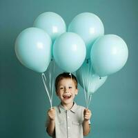 uma feliz 7 anos de idade Garoto detém azul hélio balões minimalismo. alta resolução. ai generativo foto