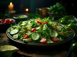 cinematográfico foto do saboroso verde salada com tomates e pepino minimalismo. alta resolução. ai generativo