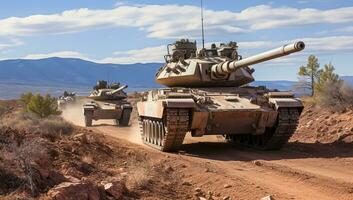 militares tanques dentro deserto. ai gerado. foto