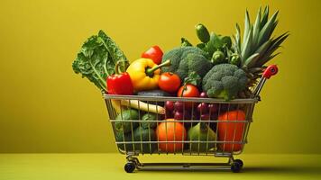 uma compras carrinho cheio do fresco frutas e legumes gerado com ai foto