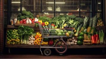 uma compras carrinho cheio do fresco frutas e legumes gerado com ai foto