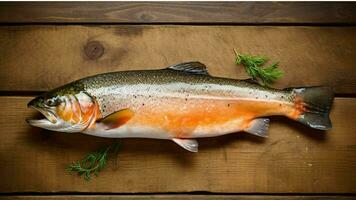 fresco salmão peixe em uma de madeira corte borda gerado com ai foto