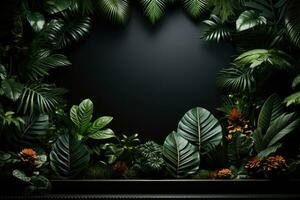 3d render do Preto fundo com tropical folhas e pódios, 8k de generativo ai foto
