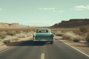 vintage carro dirigindo dentro a meio do deserto estrada. gerar ai foto