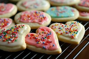 Rosa colorida coração biscoitos sobremesa. gerar ai foto