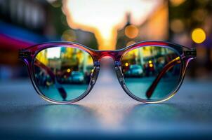 cenário natureza dentro óculos refletindo cidade rua. gerar ai foto