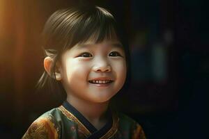 sorridente chinês pequeno menina vestindo tradicional quimono. gerar ai foto