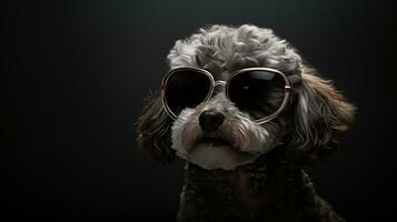 estúdio retrato do uma fofa cachorro vestindo oculos de sol em uma Preto fundo. ai gerado foto