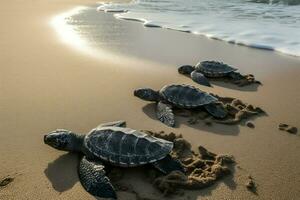 bebê tartarugas em de praia areia. gerar ai foto