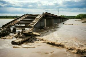 rio ponte destruído de água dano. gerar ai foto