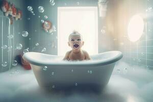 bebê risos dentro banho banheira com Sabonete bolhas. gerar ai foto