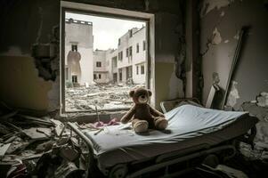 Urso em hospital cama, bombardeado cidade dano. gerar ai foto