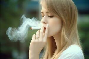 Loiras mulher fumar cigarro. gerar ai foto
