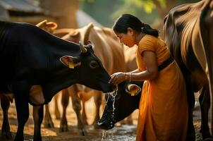 indiano mulher feeds vacas Fazenda. gerar ai foto