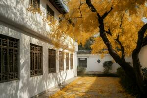 branco parede vento chinês outono casa. gerar ai foto