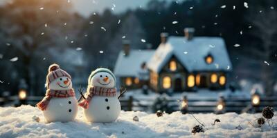 uma fofa sorridente boneco de neve dentro a maior do a neve com uma fundo. bokeh uma Natal árvore e casa a montanha. Está uma borrado fundo. generativo ai foto