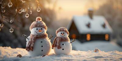 uma fofa sorridente boneco de neve dentro a maior do a neve com uma fundo. bokeh uma Natal árvore e casa a montanha. Está uma borrado fundo. generativo ai foto