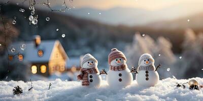 uma fofa sorridente boneco de neve dentro a maior do a neve com uma fundo. bokeh uma Natal árvore e casa a montanha. Está uma borrado fundo. generativo ai foto