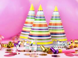 colorida festa chapéus, Rosa balões, confete para festa em Rosa fundo. fechar-se. foto