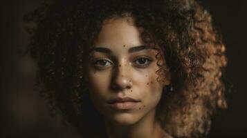 retrato lindo menina com encaracolado cabelo. beleza conceito. generativo ai foto