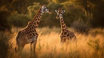 dois girafa interagir cada de outros às a savana África. ai gerado foto