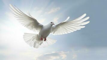 branco pombas e brilhante luzes dentro a céu Como uma Paz e espiritual símbolo do cristão pessoas. piedosos espírito símbolo. ai gerado foto