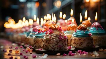 muitos do mini aniversário bolo ou aniversário Bolinho com a vela colorida bolo. ai gerado foto