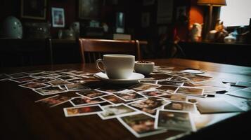 uma copo do chá em a mesa cheio do colorida foto coleção lembrar inesquecível memória. ai gerado